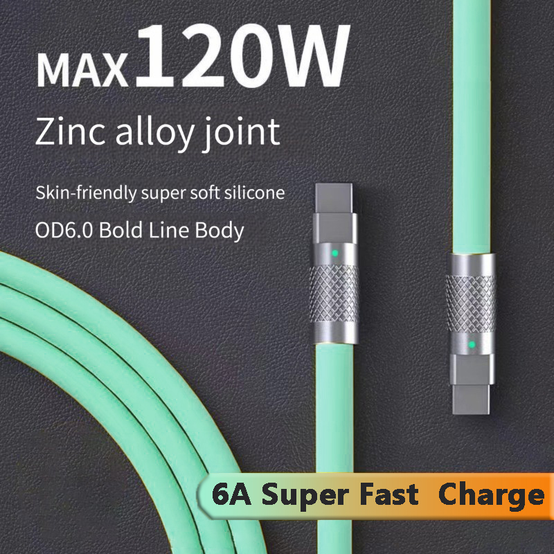 120 واط 6a شحن سريع للغاية PD نوع C كابل السيليكون السائل شحن سريع 1 متر 2 متر كابل يو اس بي Usb C إلى C كابل الشاحن