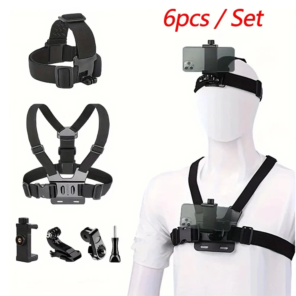 مجموعة ملحقات كاميرا الأكشن تشمل حزام الرأس وحزام الصدر وحامل قابل للتعديل لكاميرات GoPro والهواتف وDJI Osmo وSJCAM وAKASO وInsta360