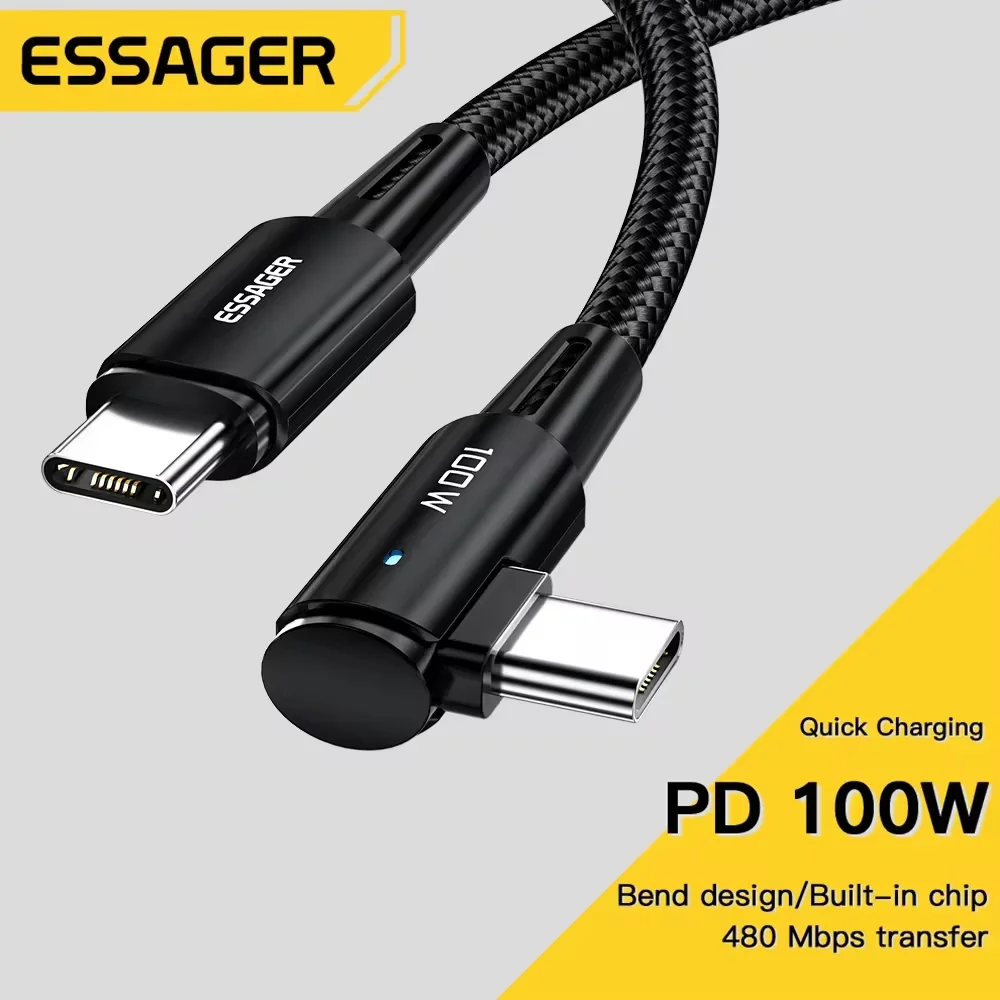 Essager 100 واط USB نوع C إلى USB C كابل 90 درجة زاوية لباد ماك بوك برو شاومي سامسونج هواوي شحن سريع نوع C تاريخ سلك