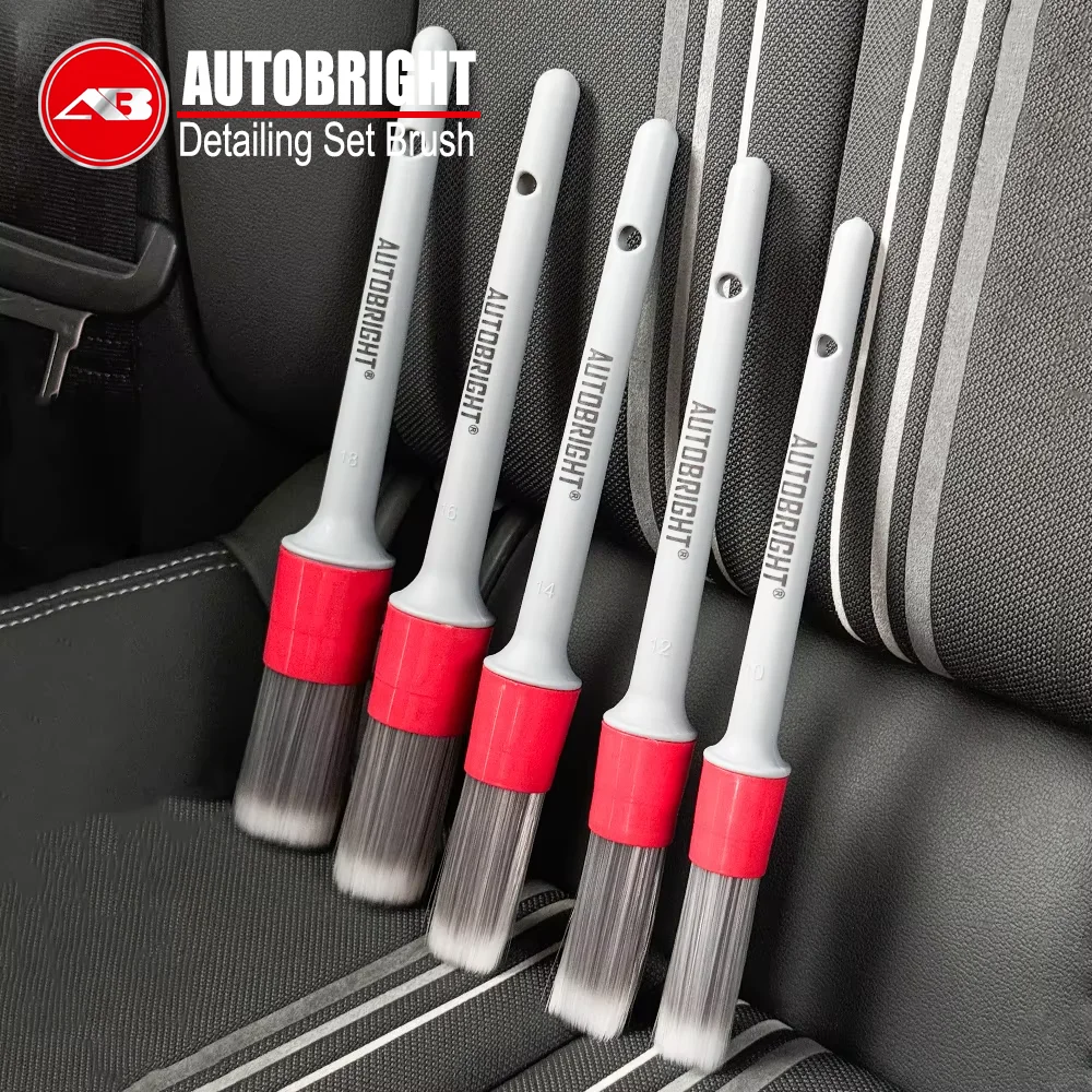 AUTOBRIGHT 5pcs فرشاة غسيل سيارات عالية الجودة فرشاة ناعمة شعيرات كثيفة تنظيف تفاصيل السيارة الداخلية عجلة فرشاة فضية مجموعة أدوات