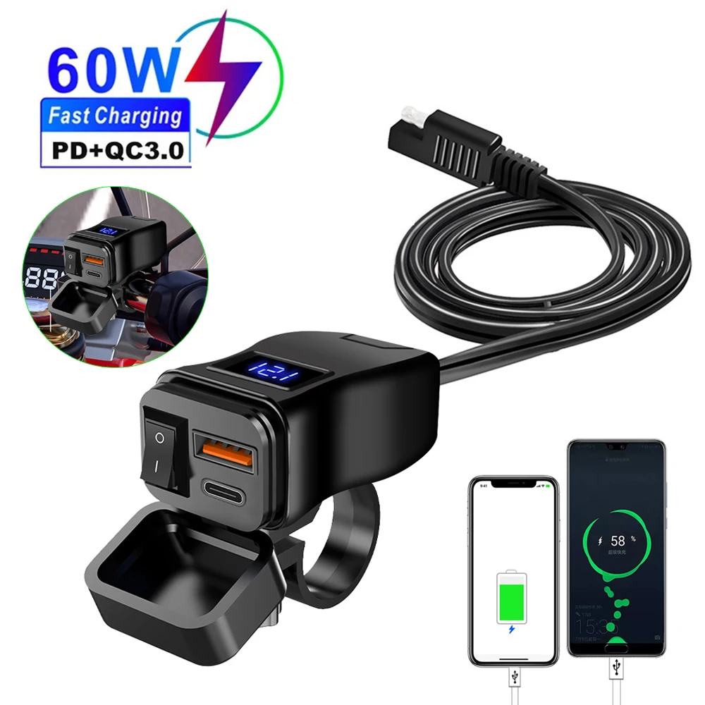 PD QC3.0 دراجة نارية USB شاحن سريع 60 واط المقود المزدوج مقبس USB مع التبديل الفولتميتر مقاوم للماء 12 فولت موائم مصدر تيار