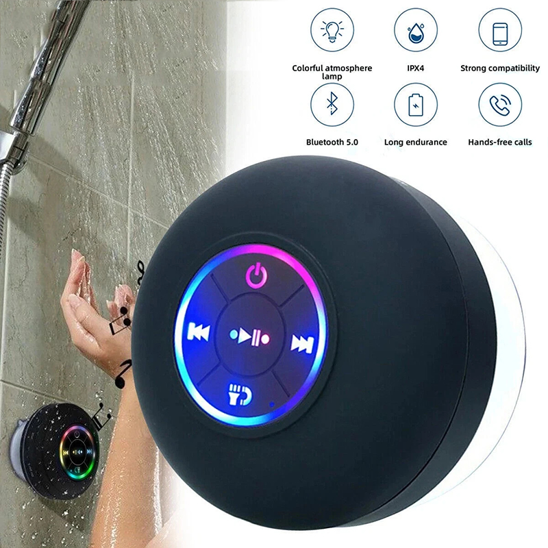 مكبر صوت بلوتوث محمول لاسلكي صغير مزود بإضاءة LED مع ميكروفون وكوب شفط مقاوم للماء IPX4 للسفر والاستخدام الخارجي والحمام