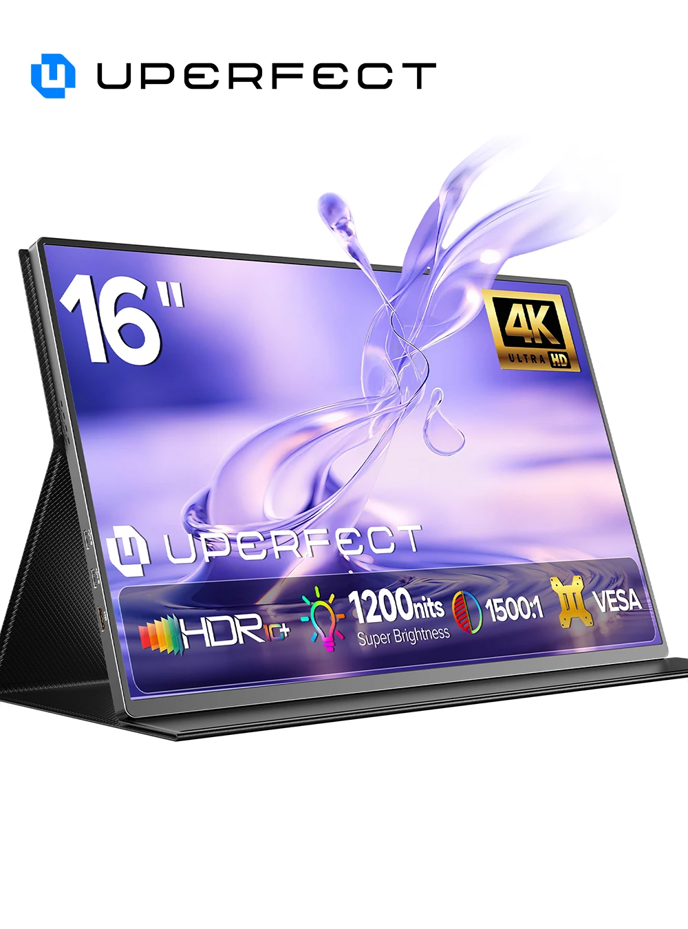 شاشة UPERFECT المحمولة 4K مقاس 16 بوصة بدقة 3840 × 2400 IPS شاشة ممتدة للكمبيوتر المحمول 1200 شمعة في المتر المربع USB C HDMI شاشة ألعاب الكمبيوتر الشخصي مع مكبرات صوت وغطاء ذكي شاشة سفر للكمبيوتر الشخصي والهاتف PS5