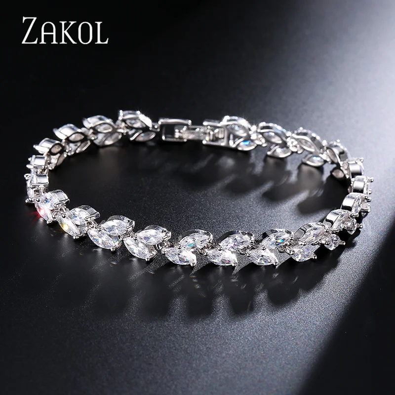 ZAKOL موضة الأبيض ليف أساور أساور للنساء الرجال تسلق ماركيز قطع مكعب زركونيا الزفاف مجوهرات حفلات الزفاف