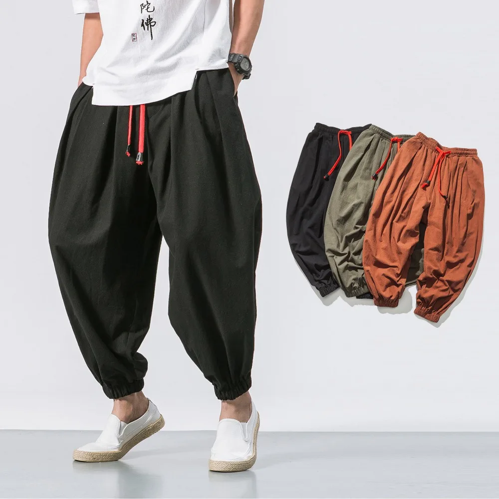 جديد المتضخم الرجال سراويلي حريمي فضفاض النمط الصيني القطن والكتان Sweatpants ركض عالية الجودة بناطيل كاجوال الرجال