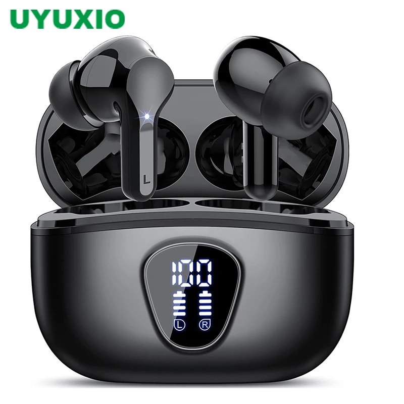 UYUXIO BT5.4 سماعات أذن لاسلكية مع شاشة LED سماعات أذن استريو HiFi مع IP7 مقاومة للماء ENC سماعة إلغاء الضوضاء