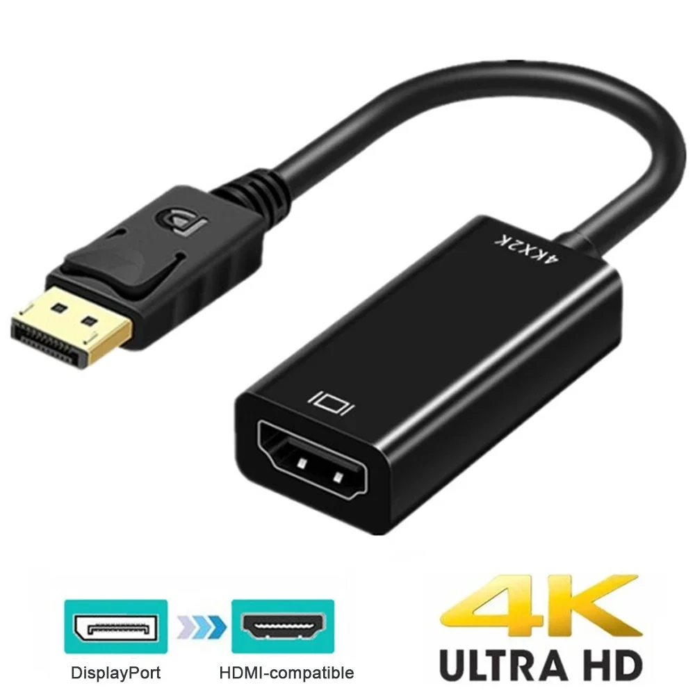 محول 4K DP إلى HDMI متوافق مع كابل DP ذكر إلى أنثى لتوصيل الفيديو والصوت إلى التلفزيون والكمبيوتر