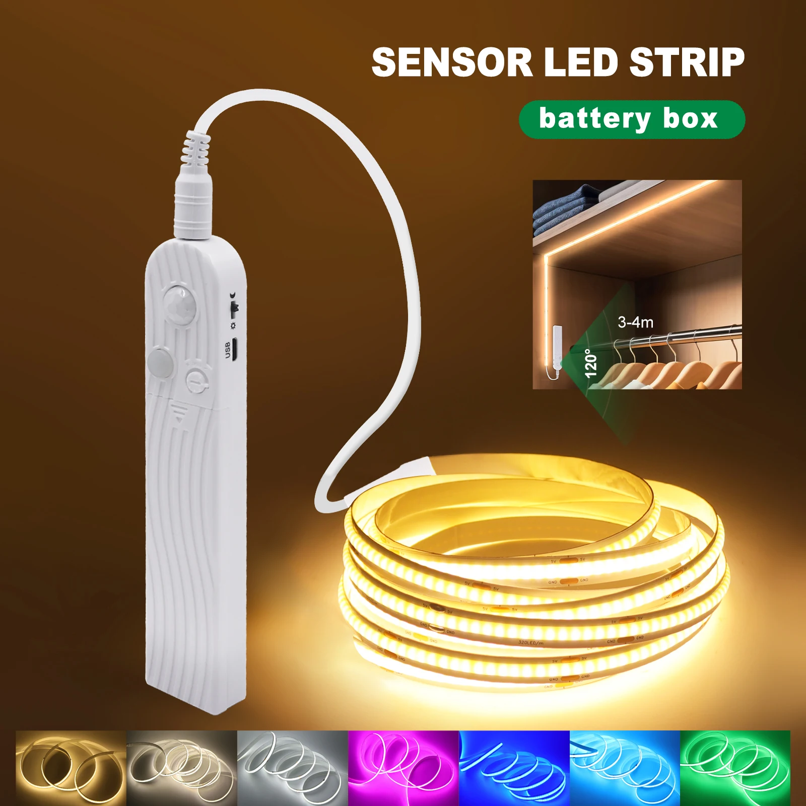 شريط إضاءة LED COB 8 مم 5 فولت مع مستشعر حركة يعمل بالبطارية 320 LED/متر إضاءة ليلية استشعارية بلون أبيض دافئ وأحمر وأزرق ثلجي وأخضر وأصفر