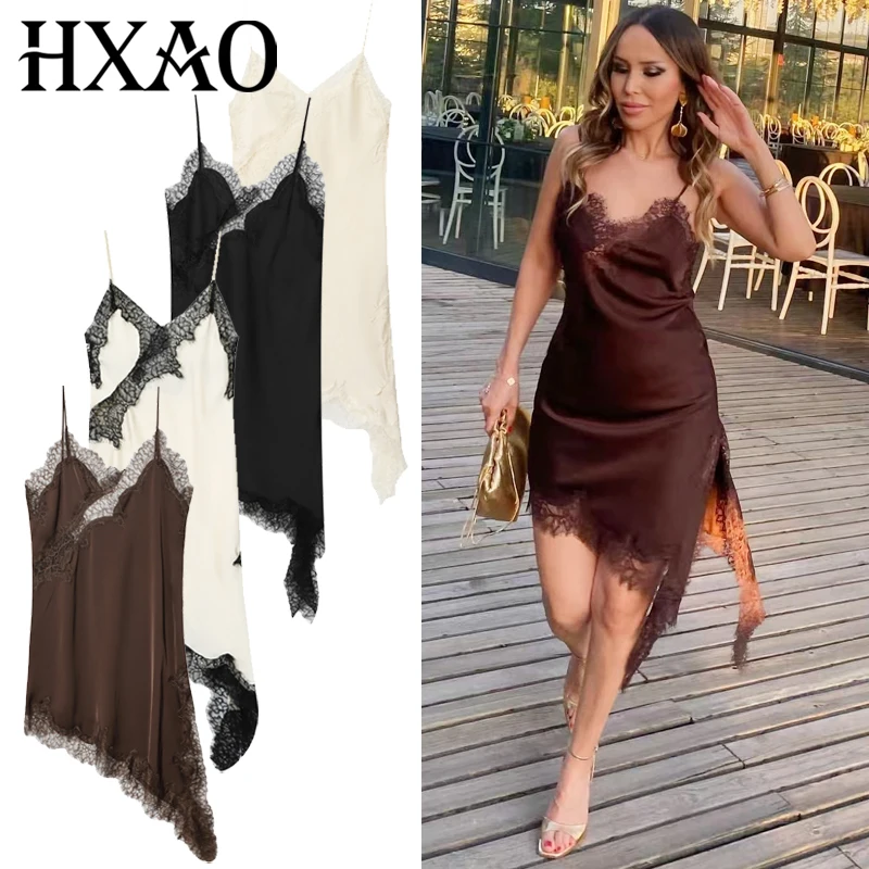 فساتين HXAO النسائية فستان دانتيل غير متماثل سهل الارتداء لصيف 2025 فساتين سهرة مثيرة للسيدات بني صغير بدون أكمام بدون ظهر