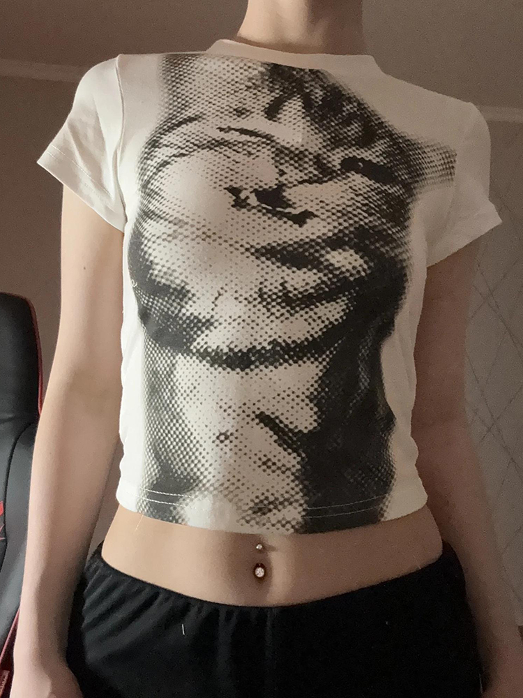Harajuku الحيوان طباعة المحاصيل الأعلى الأساسية الأبيض قصيرة الأكمام Crewneck تي شيرت المرأة عادية سليم المناسب تيز سيدة y2k خمر