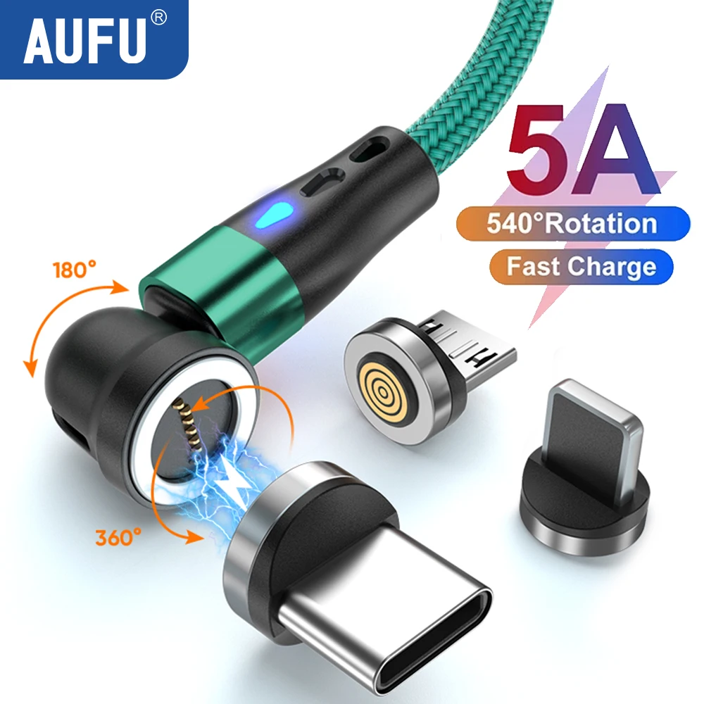 AUFU 5A المغناطيسي كابل شحن سريع 540 تدوير المغناطيسي مايكرو USB نوع C كابل آيفون 14 سامسونج شاومي كابل الهاتف المحمول