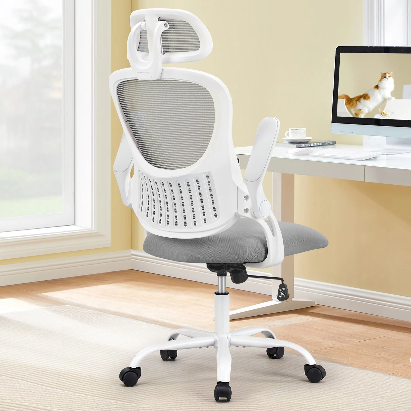 كرسي مكتب كمبيوتر مريح شبكي من JHK بأذرع قابلة للطي ومساند رأس قابلة للتعديل ودعم قطني مريح للمكتب المنزلي