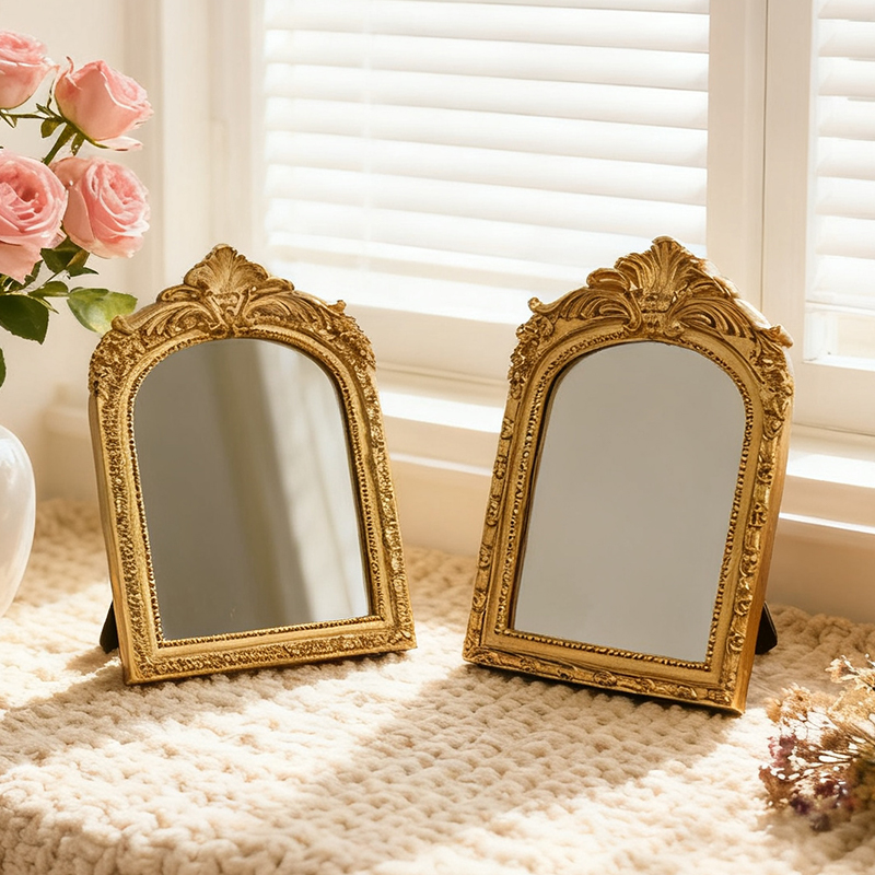 Vintage Arched Carved Mirror Luxurious Desktop Makeup Mirror Home Bedroom Decoration Gift