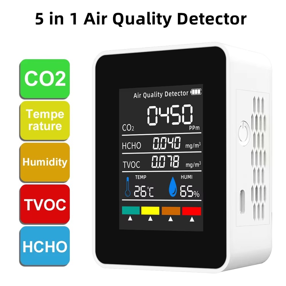 جديد حار متعدد الوظائف CO2 متر 5 في 1 الرقمية جهاز قياس درجة الحرارة والرطوبة كاشف ثاني أكسيد الكربون TVOC HCHO