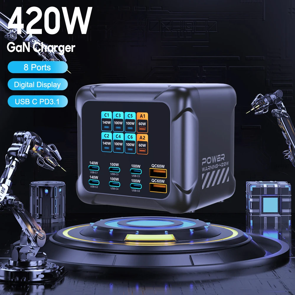 Ubigbuy 420 واط GaN شاحن PPS PD3.1 140 واط USB نوع C شاحن شاشة ديجيتال محطة شحن سريعة لماك بوك آيفون 17 سامسونج