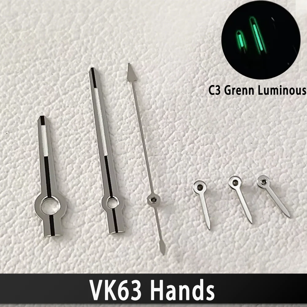عقارب ساعة VK63 عالية الجودة، عقارب سباقية مضيئة باللون الأخضر C3، قطع غيار ساعات رجالية بحركة كوارتز VK 63