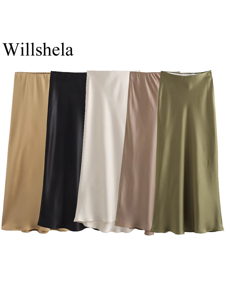 Willshela تنورة نسائية عصرية من الساتان ذات ثنيات متوسطة الطول عتيقة بخصر متوسط مرن تنانير نسائية أنيقة