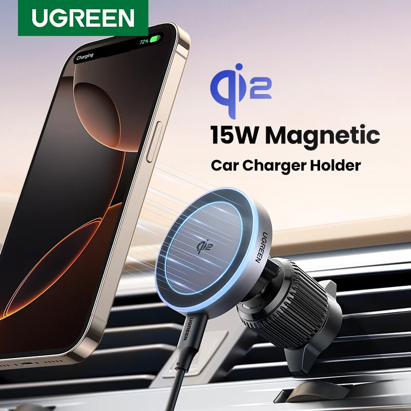 UGREEN Qi2 15 واط حامل هاتف السيارة المغناطيسي شاحن لاسلكي آيفون 16 17 برو ماكس شحن لشاحن سيارة Magsafe مصباح ليد