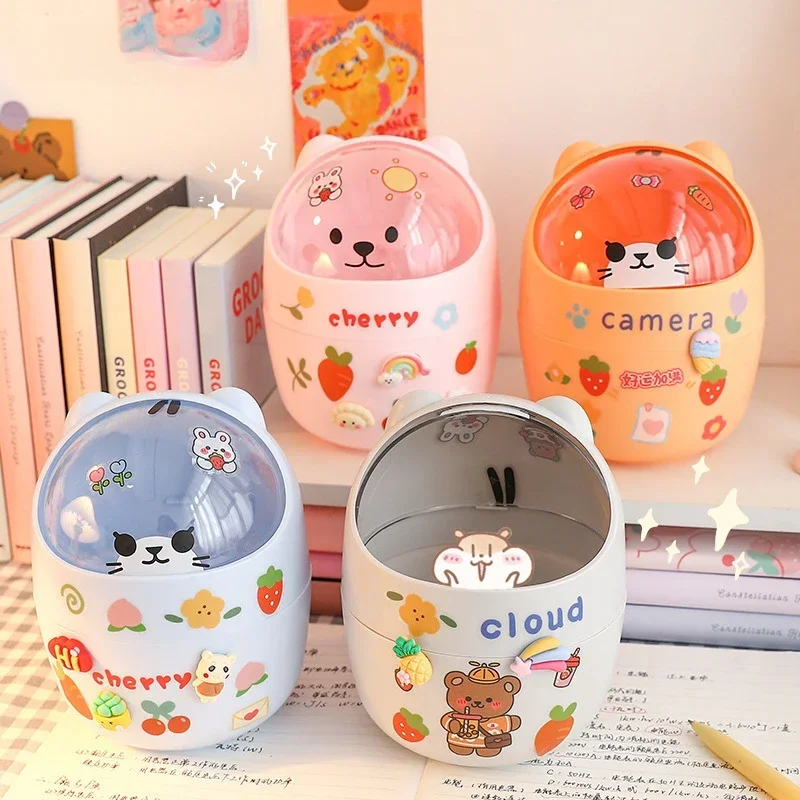 Ins Style لطيف الإبداعية سطح المكتب المنزلي مع غطاء سلة المهملات صغيرة صغيرة Kawaii غرفة نوم مكتب صندوق تخزين حامل قلم إعطاء ملصق