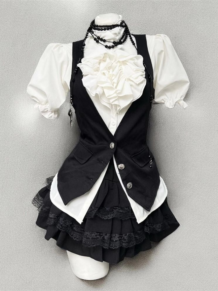 Harajuku القوطية ريترو شيك الزي المرأة فقاعة كم قميص سترة ضئيلة + كعكة قصيرة تنورة موضة جديدة خمر 3 قطعة دعوى 2025