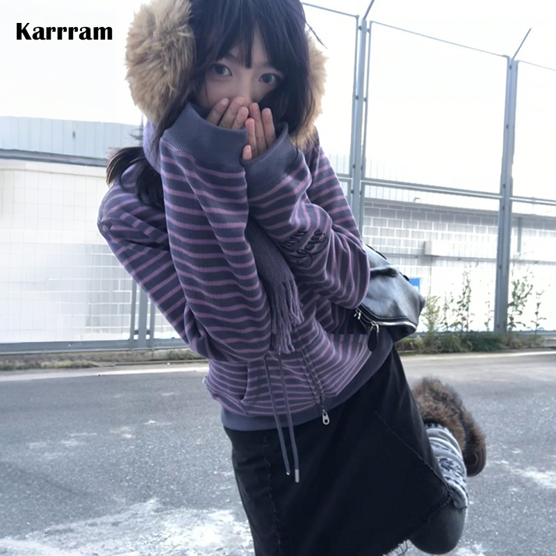 Karrram اليابانية Y2k الأرجواني مخطط سترة 2000s نمط الياقة المدورة محبوك سترة خمر Harajuku سستة تريكو الكورية 90s