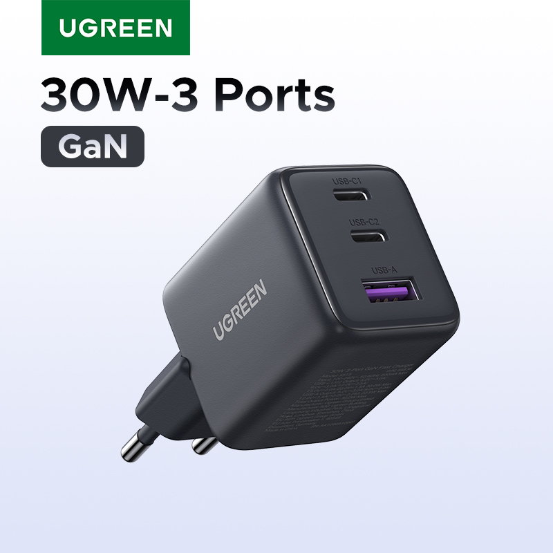 UGREEN 30 واط GaN شاحن 3 منافذ PD 3.0 USB C شاحن آيفون 17 16 15 برو سامسونج S25 Xiaomi اللوحي باد الهواء برو شاحن الهاتف