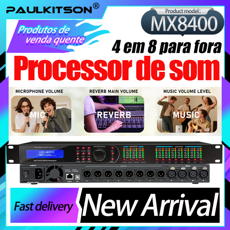 معالج صوتي احترافي Paulkitson MX8400 لإدارة السماعات، معالج صوتي 32 بت DPS/48 كيلوهرتز، 4 مداخل و8 مخارج للمسرح