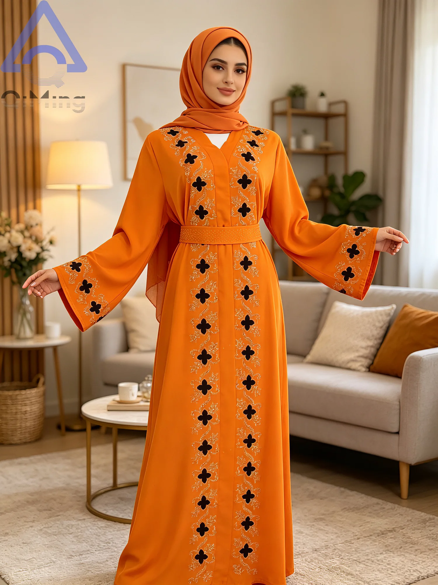 عباءة نسائية مسلمة مزينة بالألماس مع طقم حجاب، فستان رمضاني فاخر على الطراز العربي في دبي، زي صلاة إسلامي ماليزي