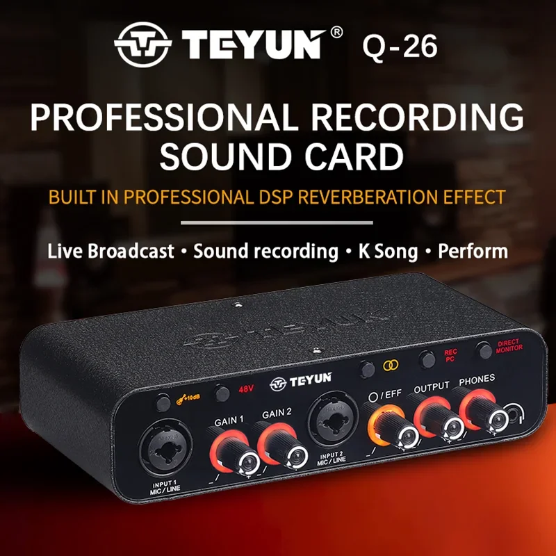 TEYUN Q26 2 قنوات المهنية المحمولة واجهة الصوت كارت الصوت وحدة التحكم USB صغير خلاط لاستوديو تسجيل الغيتار
