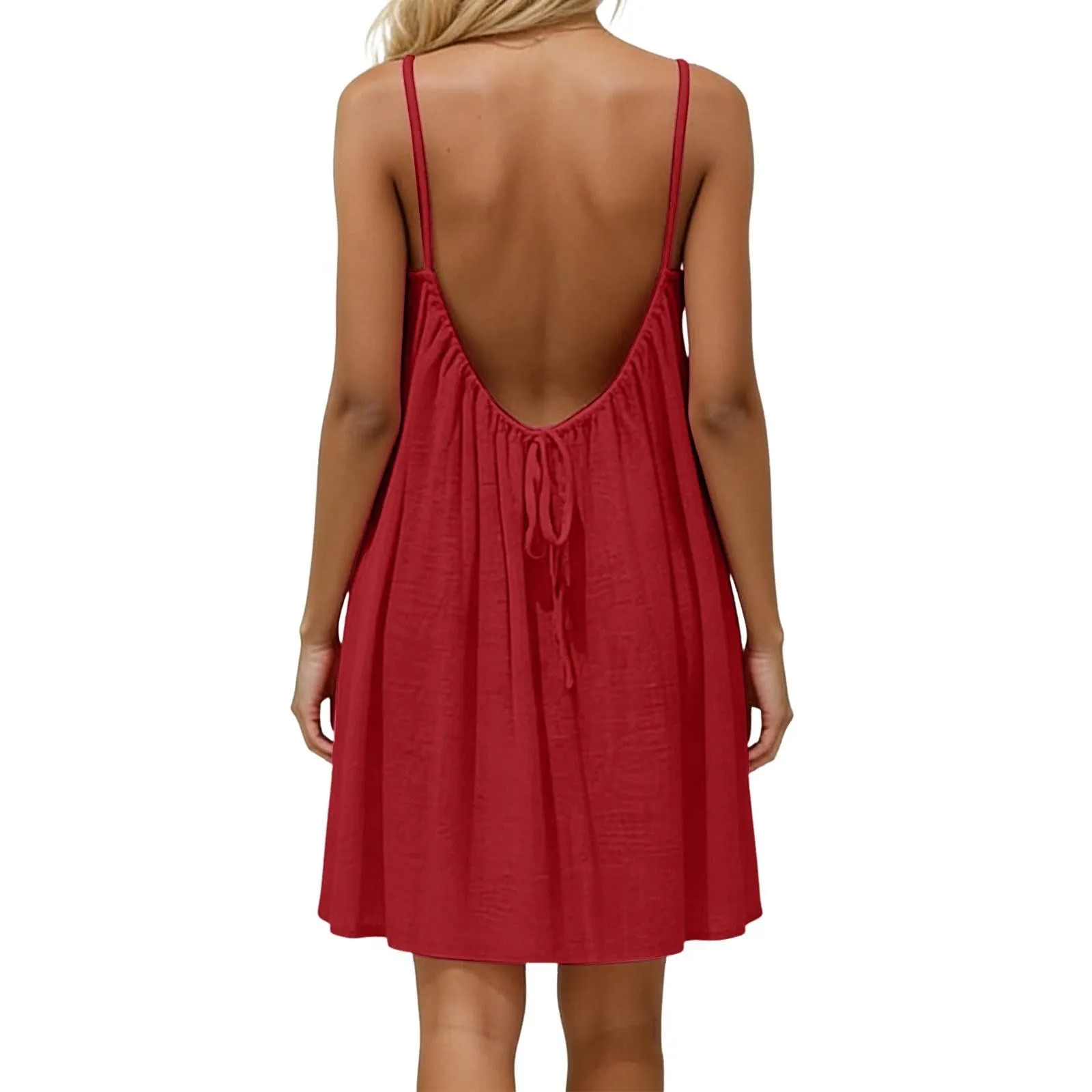 فستان، بتصميم أوروبي وأمريكي مريح للعطلات، بظهر مكشوف وأناقة مميزة، جديد صيف 2026 بلون سادة وحمالات رفيعة وقصة انسيابية على شكل حرف A.