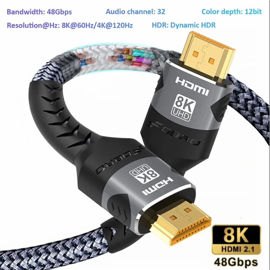 كابل HDMI 8K 2.1 بسرعة 48 جيجابت في الثانية سلك HDMI مضفر عالي السرعة-4K@120 هرتز 8K@60 هرتز، DTS:X، HDCP 2.2 و2.3، HDR 10 لأجهزة الكمبيوتر المحمول المتوافقة/PS5