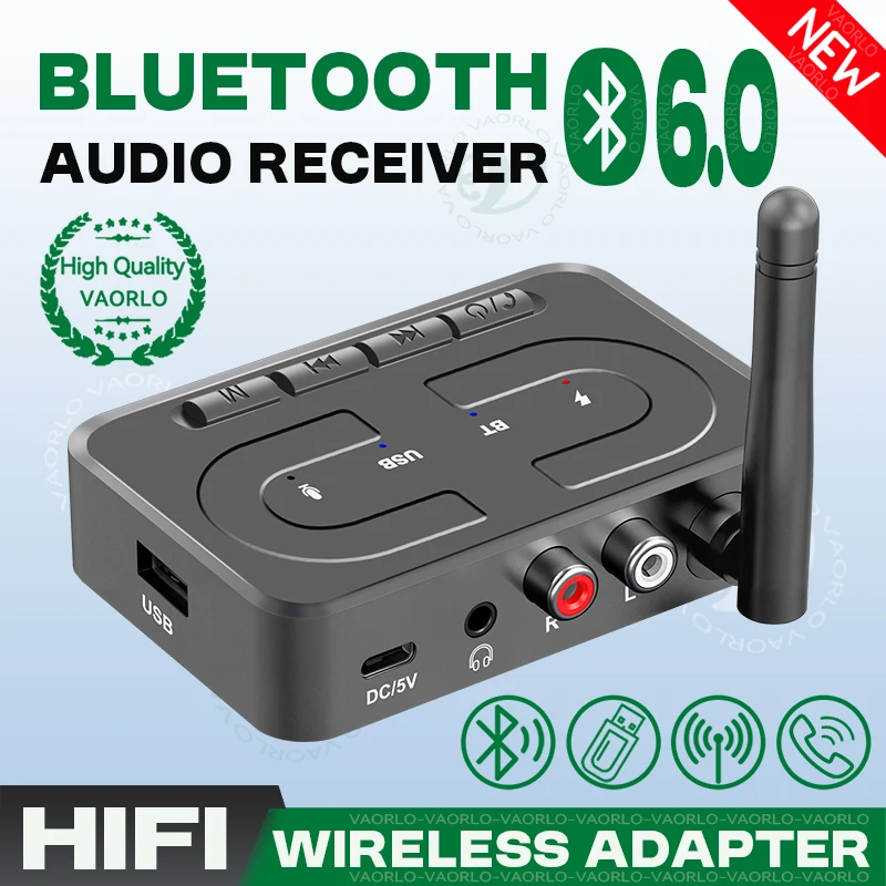 جهاز استقبال صوت VAORLO Bluetooth 6.0 مقاس 3.5 مم AUX R/L RCA HD Mic HIFI محول لاسلكي ستيريو مع هوائي يدعم تشغيل USB U-Disk لمكبر صوت السيارة ومكبر الصوت المكتبي