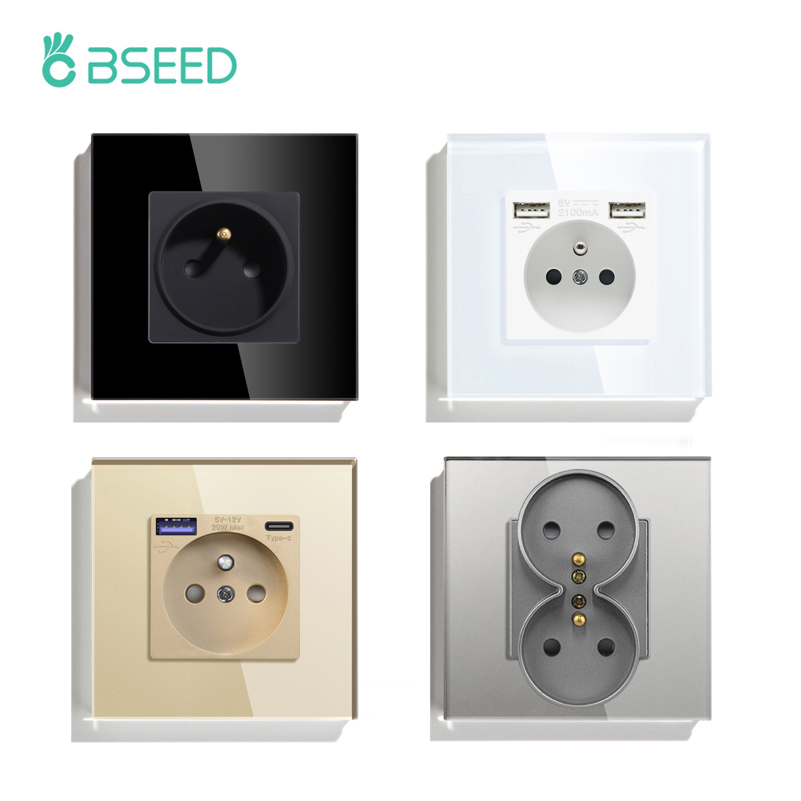 منفذ كهربائي جداري قياسي من BSEED-France ، منفذ شحن USB من النوع C ، لوح زجاجي ، شحن سريع 20 واط ، مقبس فرنسي ، من من من-من من من BSEED-V