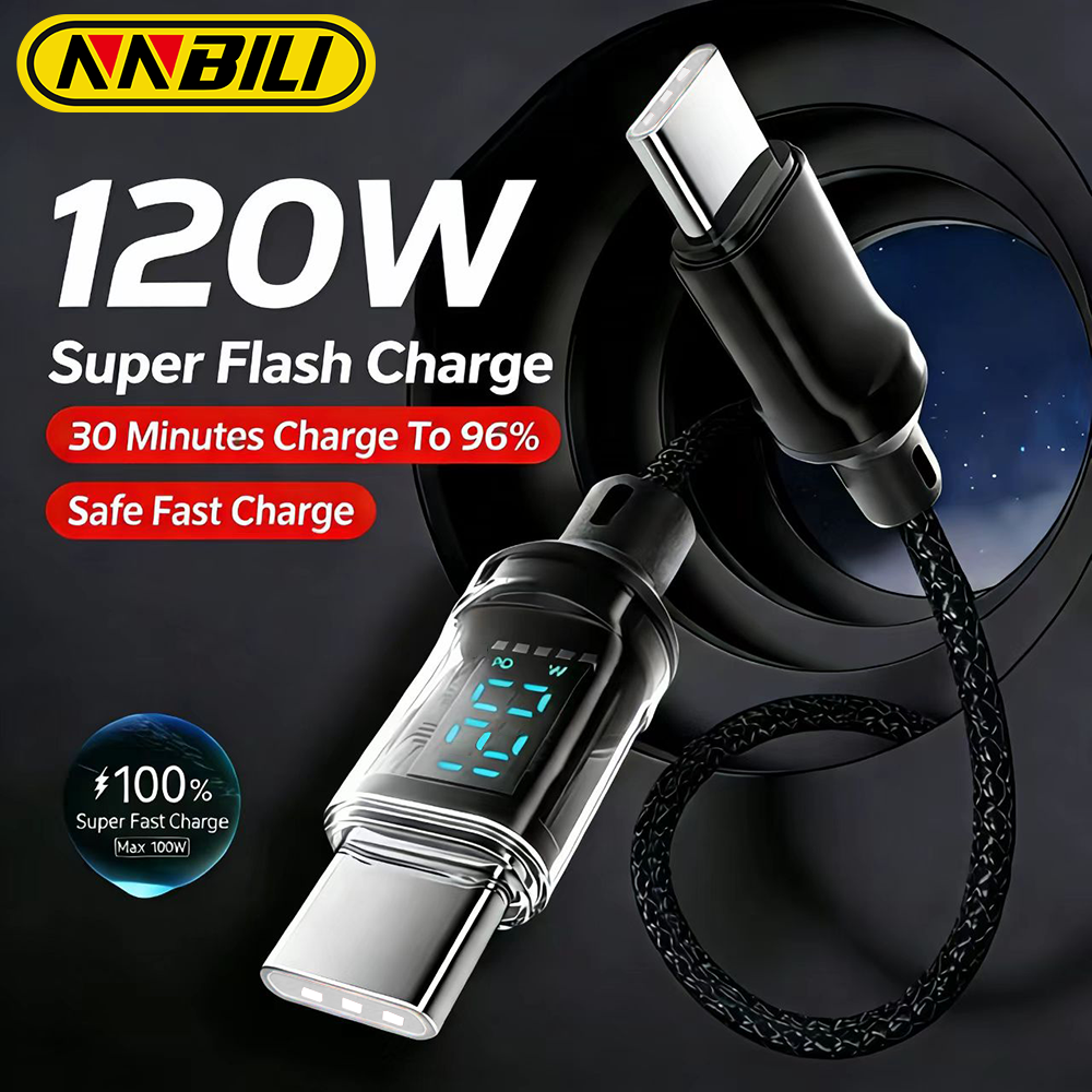 كابل NNBILI 120 واط من النوع C-C و A-C للشحن السريع الفائق للهواتف مع شاشة LED لعرض البيانات، غير متوافق مع آيفون وشاومي وسامسونج