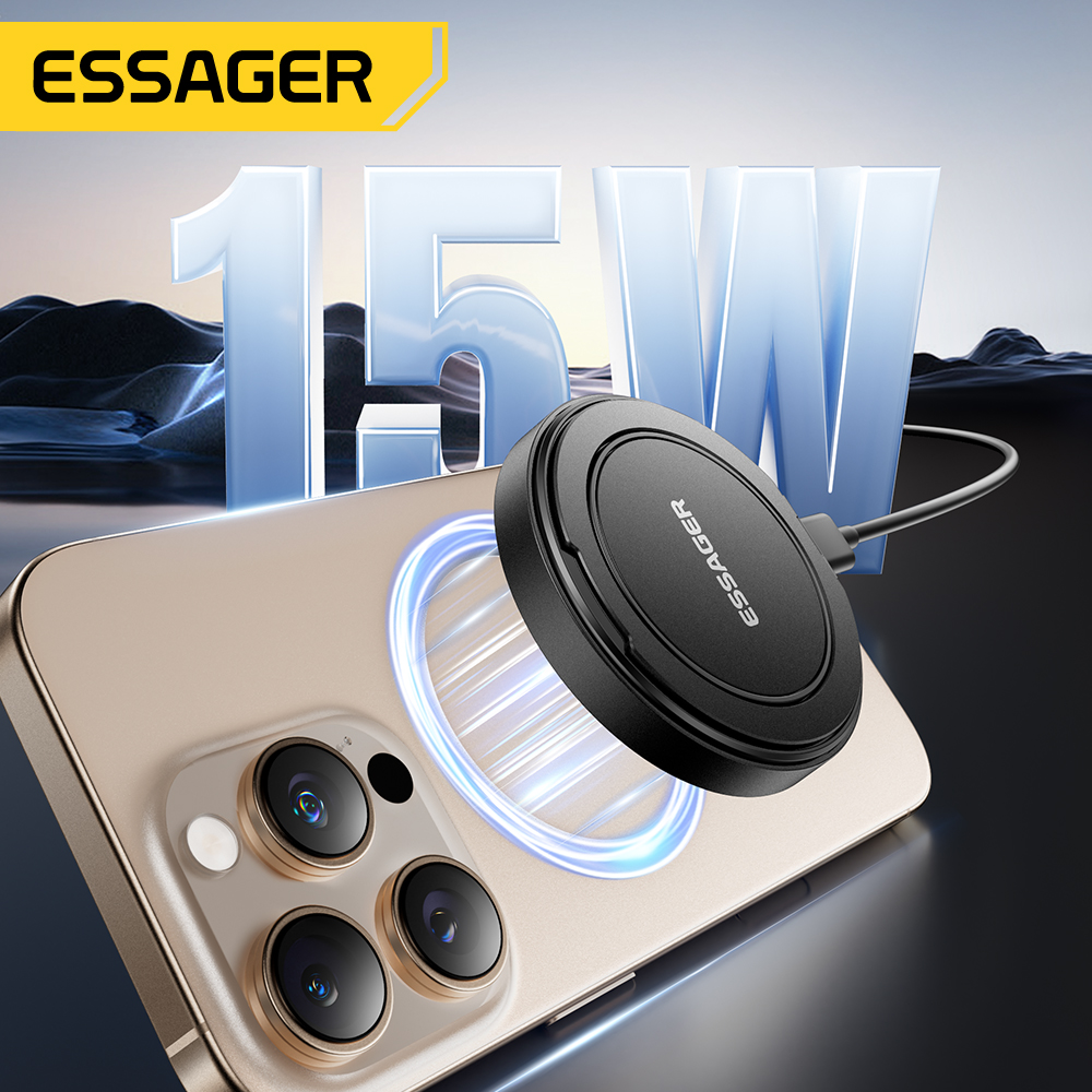 Essager شاحن لاسلكي مغناطيسي مع حامل 15 واط شحن سريع آيفون 16 15 14 13Pro Max Airpods شاحن هاتف لاسلكي صغير