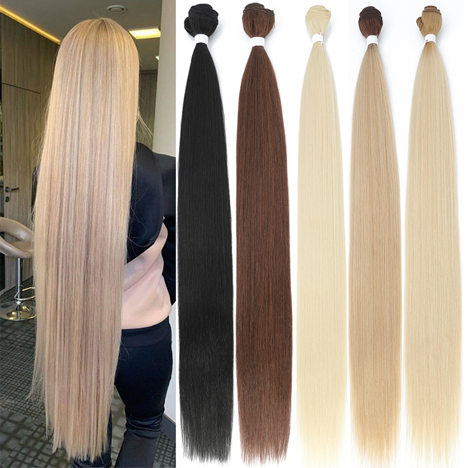 العظام حزم من شعر مفرود صالون وصلات شعر طبيعية ألياف وهمية سوبر طويلة الاصطناعية ياكي مستقيم الشعر النسيج كامل حتى النهاية