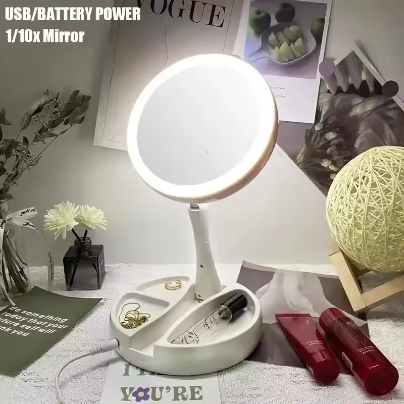 1X 10x مرآة الغرور المكبرة مع LED مضاءة مرنة قابلة للطي مكتب مرآة ماكياج الإضاءة خلع الملابس مصباح ماكياج