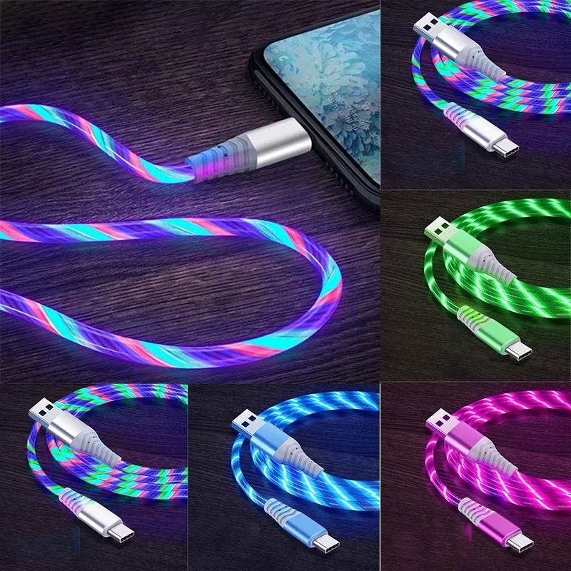 شحن سريع بيانات الحبل تدفق مضيئة USB نوع C كابل 5A كابل شحن سريع متوهجة كابل LED لسامسونج Xiaomi آيفون مايكرو