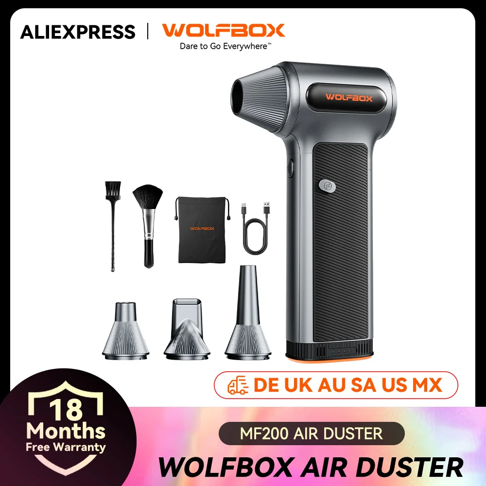 منفاخ هواء كهربائي WOLFBOX MF200 - ضغط هواء 320 جرام، قابل لإعادة الشحن بمحرك بدون فرش بثلاث سرعات للسيارة/الكمبيوتر/المنزل/الاستخدام الخارجي