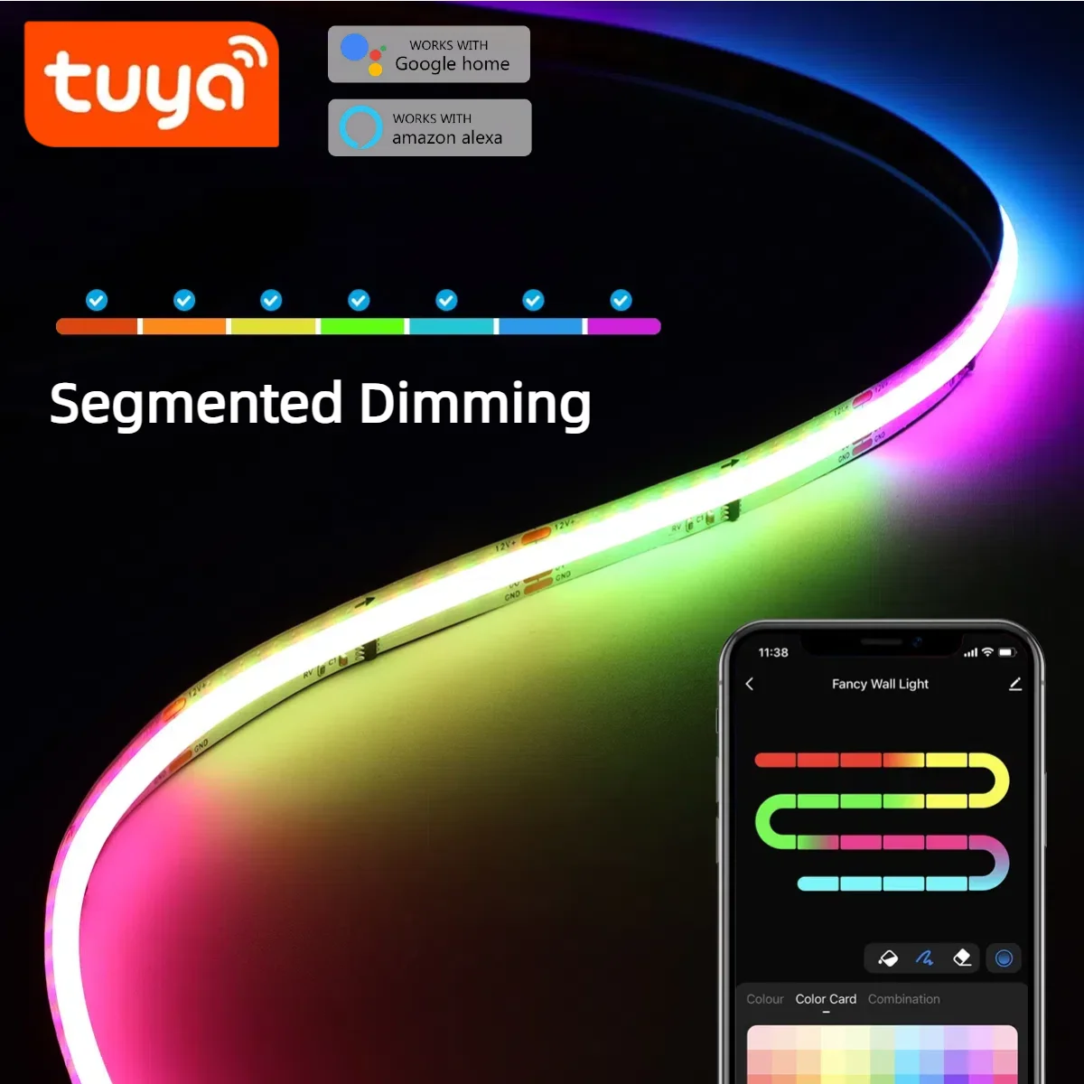 TUYA Smart DC12V RGBIC COB قطاع ضوء 576 المصابيح/م WS2811 دعم التطبيق التحكم الصوتي مجزأة يعتم أليكسا جوجل ديكور غرفة المنزل