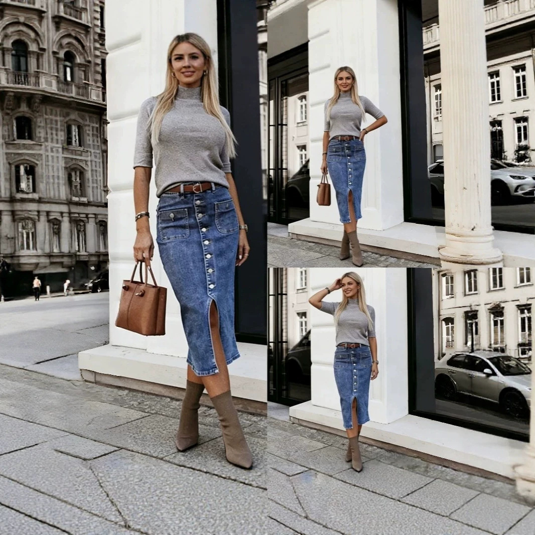 تنورة جينز متوسط الحجم مع أزرار أمامية وشق