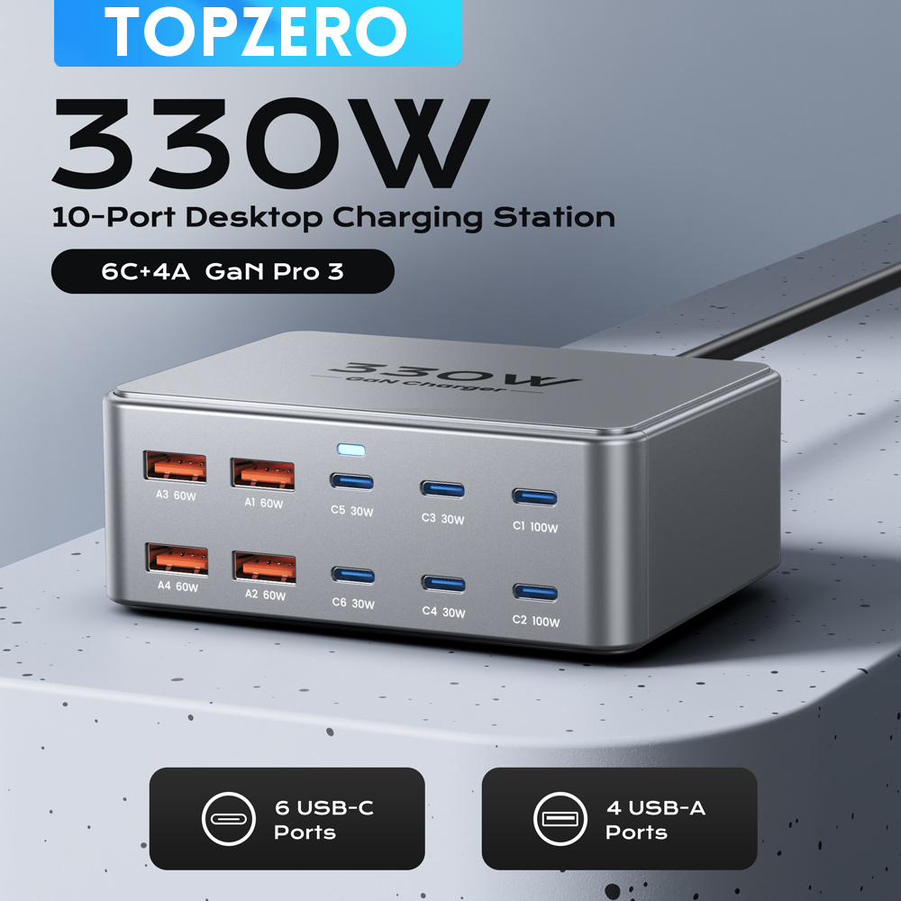 330 واط USB C GaN شاحن 100 واط PD3.0 PPS QC3.0 محطة شحن سريعة متعددة المنافذ لأجهزة الكمبيوتر المحمول آيفون 15 16 سامسونج ماك بوك برو اللوحي