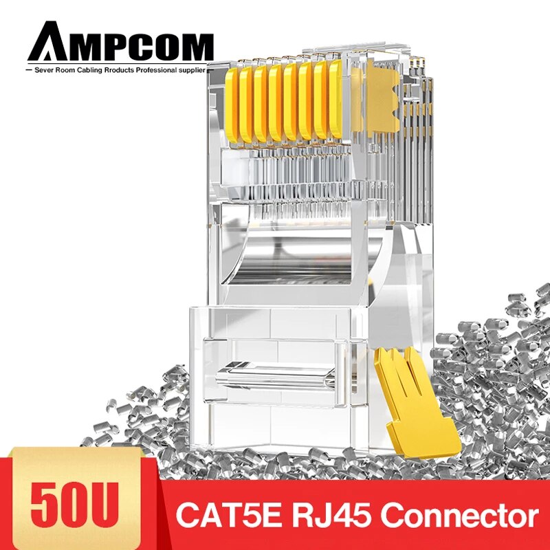 AMPCOM CAT5e RJ45 موصل 8P8C وحدات إيثرنت كابل RJ 45 ينتهي كابل محلية 50u مطلية بالذهب تجعيد موصلات UTP شبكة التوصيل