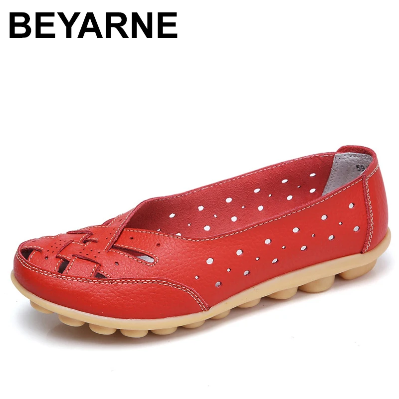 BEYARNEHot النساء شقة أحذية زائد حجم shoes35-44women المتسكعون النساء جوفاء الأحذية المسطحة جلد طبيعي الأحذية الإناث عارضة متعطل