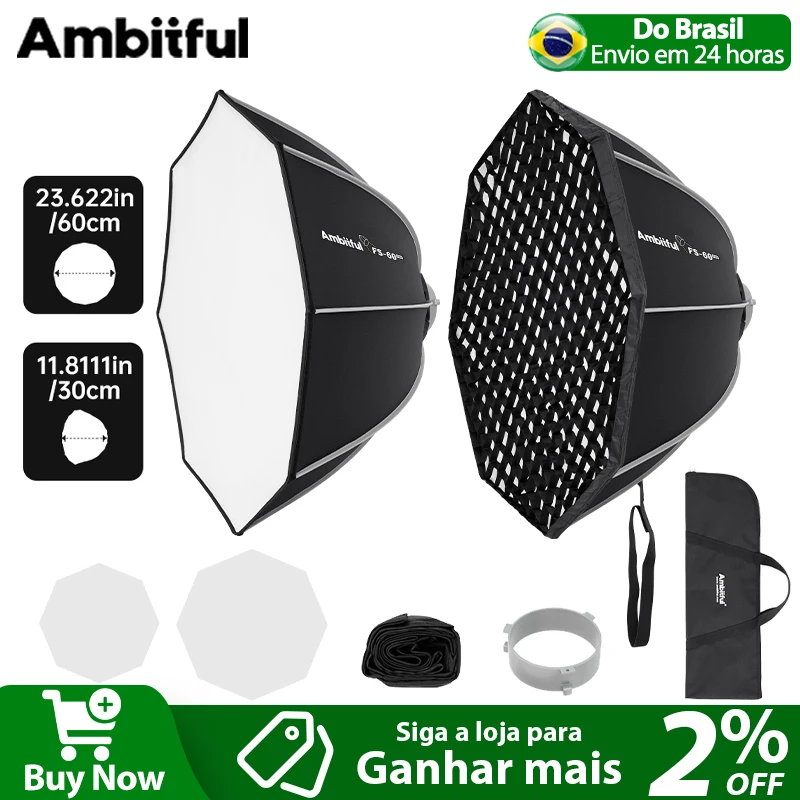 【من البرازيل】صندوق إضاءة ناعم ثماني الأضلاع AMBITFUL FSPRO مقاس 60 سم سريع التركيب مع حامل بوينز قابل للفصل وشبكة لإضاءة الفيديو LED في الاستوديو