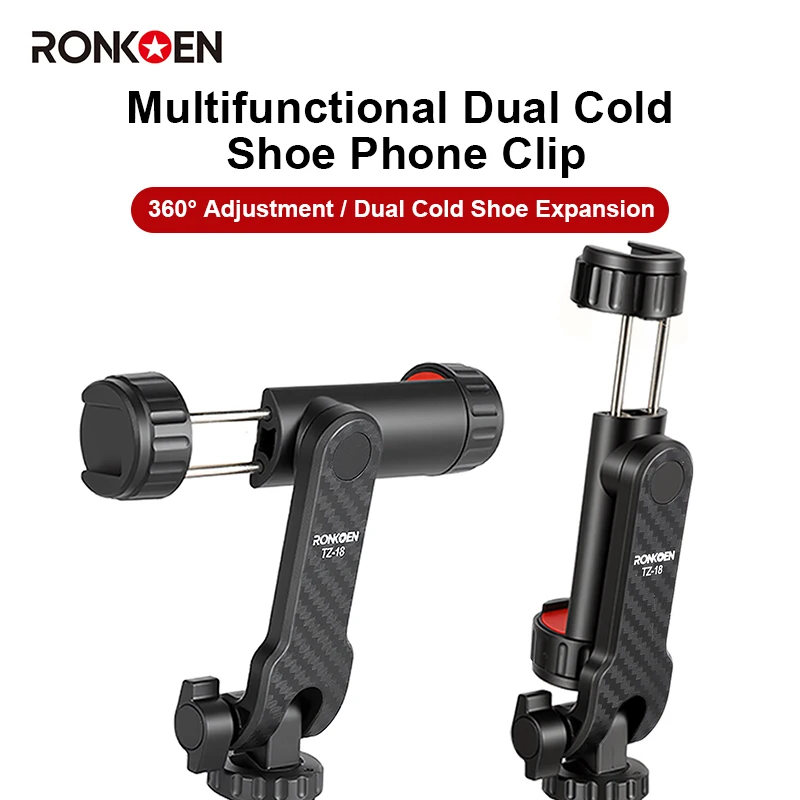 Ronkoen TZ-18 لهاتف سامسونج آيفون وشاومي والهاتف المحمول العالمي 360 °   حامل مشبك للهاتف المحمول لمحول تركيب ثلاثي القوائم برغي 1/4
