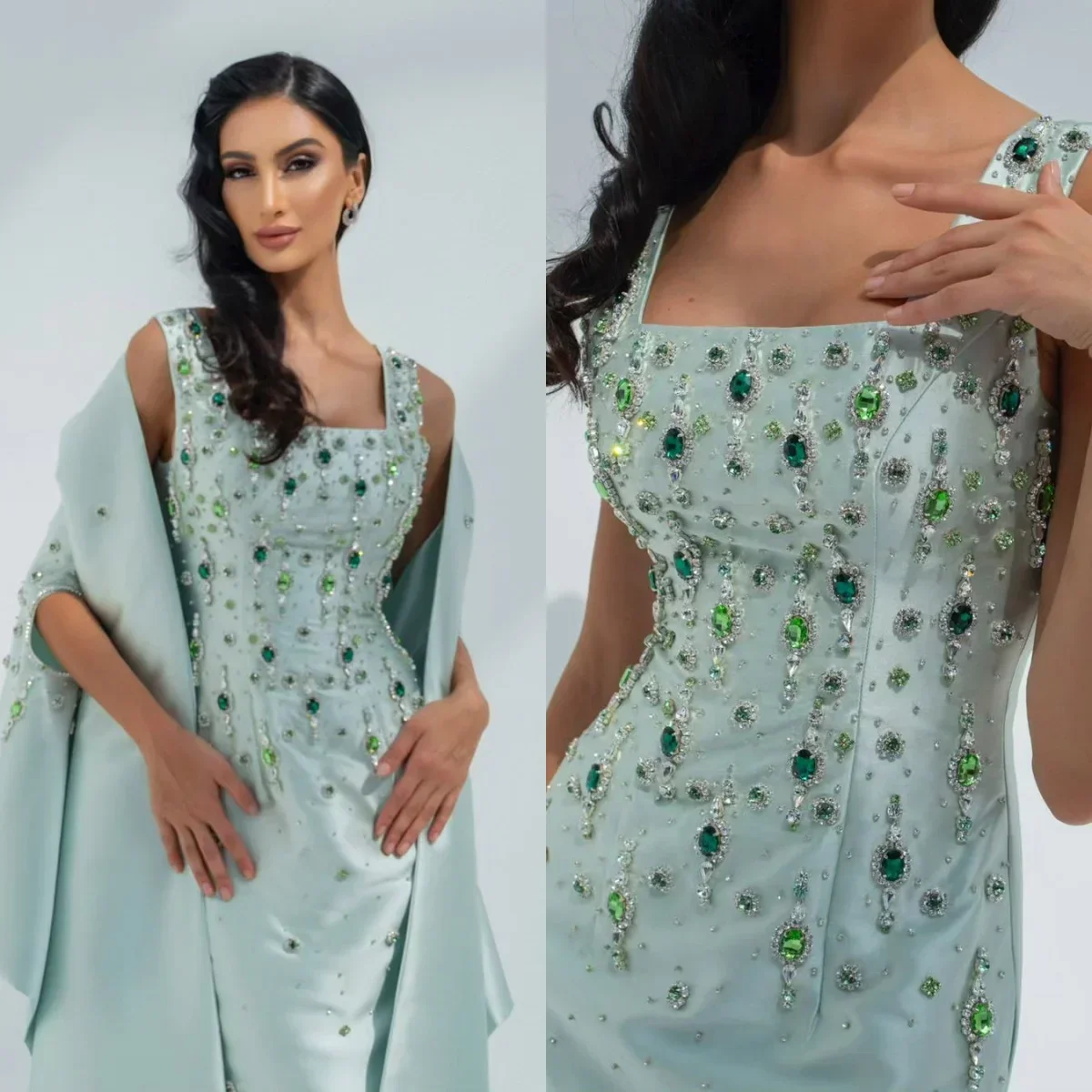 تخصيص العربية فساتين السهرة الأخضر كريستال Handbeading سترة سبليت فستان سهرة فاخر فساتين حفلات الزفاف الرسمية