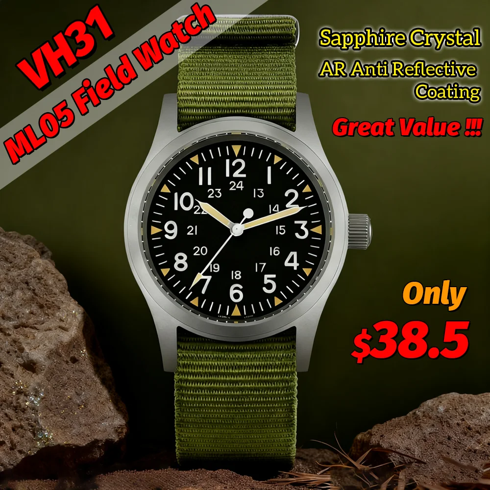 Militado Ml05 ساعة حقل عتيقة VH31 سويب حركة كوارتز ثانية كريستال الياقوت عالي الوضوح طلاء AR مضيئة 38 مللي متر ساعات