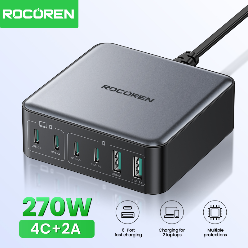 Rocoren 200 واط GaN شاحن PD شحن سريع USB نوع C شاحن 270 واط 6 في 1 محطة طاقة USBC آيفون 16 15 برو ماكس Xiaomi 14