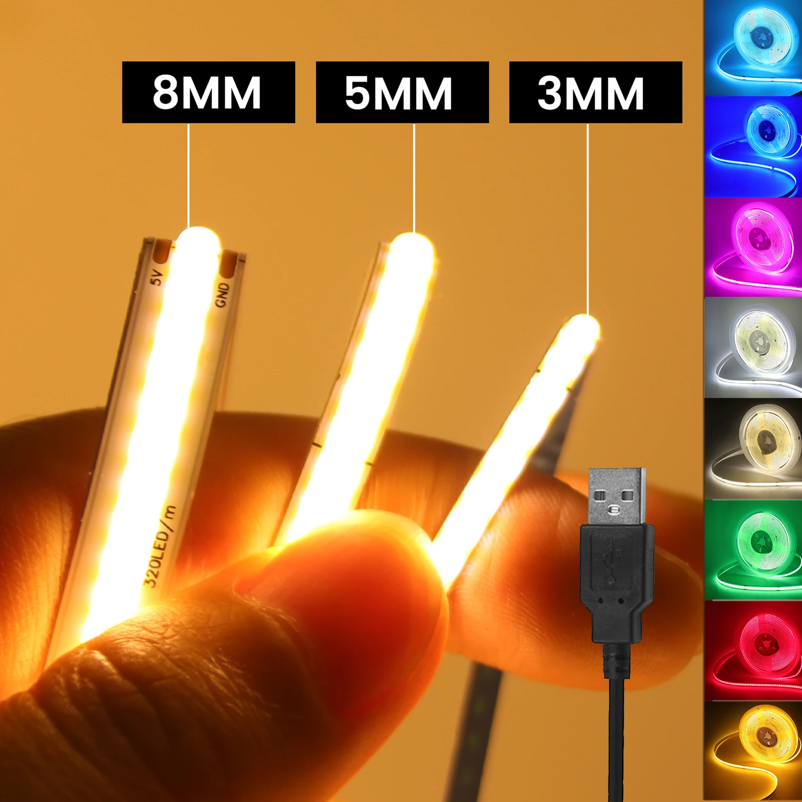 شريط إضاءة COB بجهد 5 فولت تيار مستمر عبر USB، بعرض 3 مم/5 مم/8 مم، متوفر باللون الأبيض/الوردي/الأحمر/الأبيض/الأصفر/الأزرق الجليدي/الأخضر، شريط مرن لتزيين المنزل وإضاءة خلفية للتلفاز.